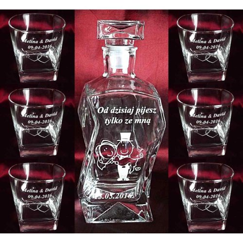 Zestaw do Whisky z Grawerem – Karafka Łamana 750 ml i 6 Szklanek - prezent na urodziny, rocznicę, jubileusz i podziękowanie