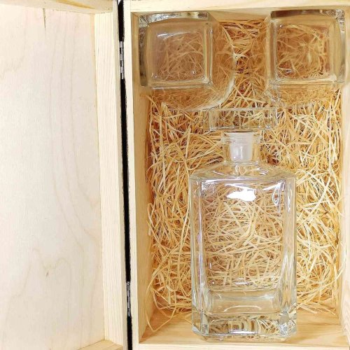 Karafka z Grawerem w Drewnianej Skrzynce + 2 Szklanki - personalizowany zestaw do whisky