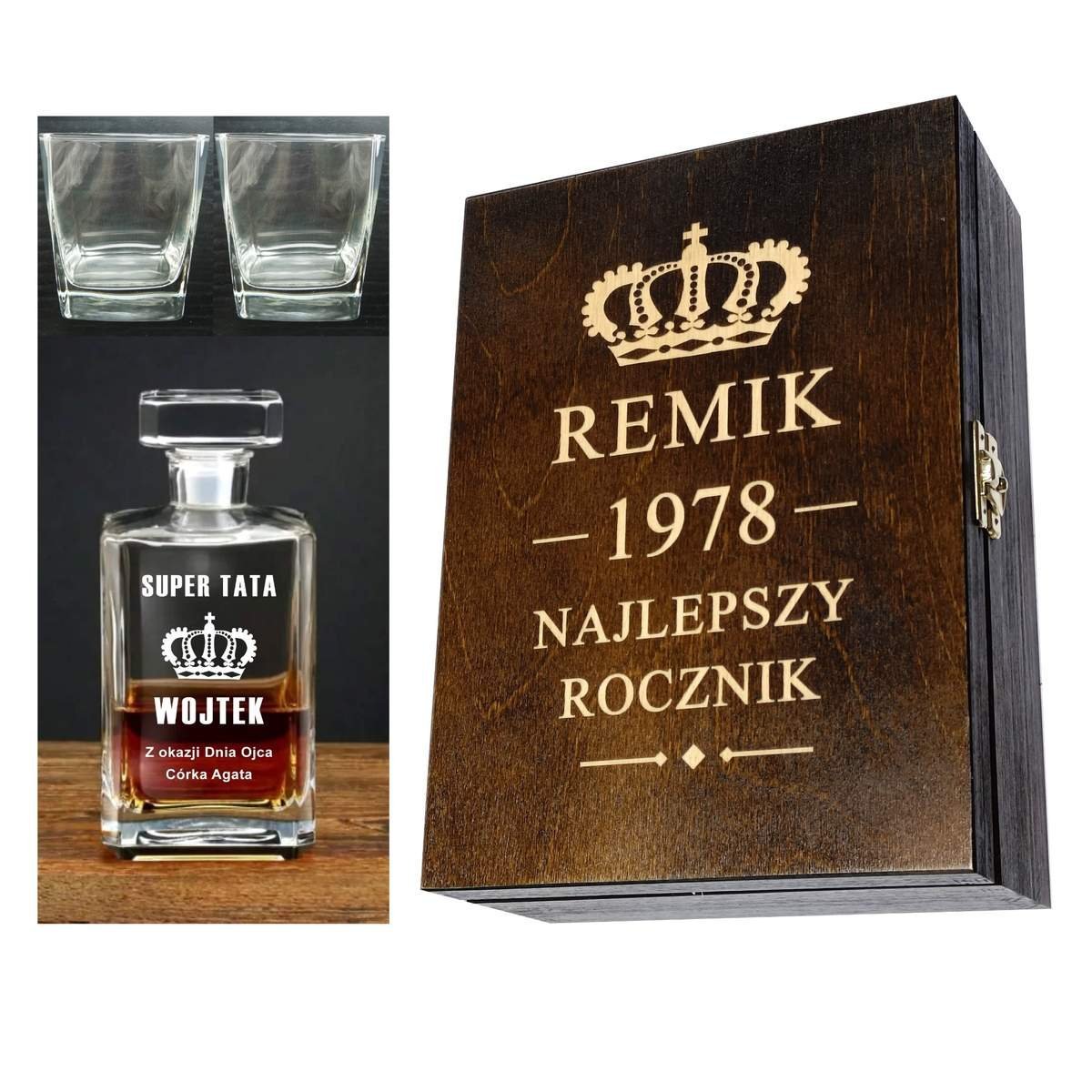 Karafka z Grawerem w Drewnianej Skrzynce + 2 Szklanki - Prezent dla Taty na urodziny i Dzień Ojca