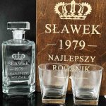 Karafka z Grawerem w Drewnianej Skrzynce + 2 Szklanki - prezent na urodziny, jubileusz, ślub i rocznicę