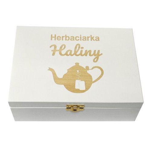 Herbaciarka z grawerem drewniana biała – 6 komór