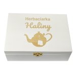 Herbaciarka z grawerem drewniana biała – 6 komór