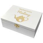 Drewniana herbaciarka z grawerem biała – personalizowane pudełko na herbatę