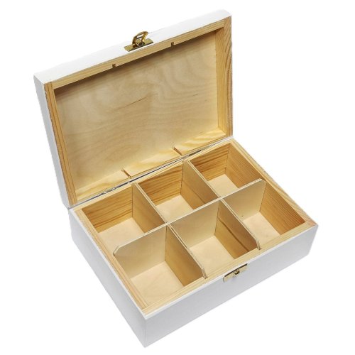 Herbaciarka drewniana biała z grawerem – widok wnętrza 6 komór