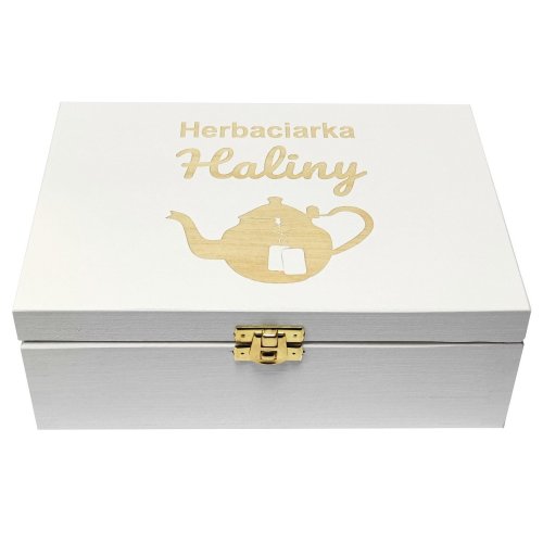 Herbaciarka z grawerem biała – eleganckie pudełko na herbatę