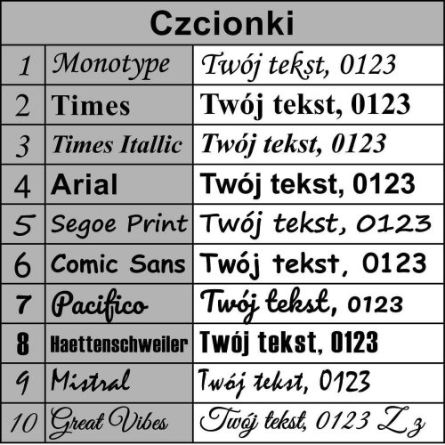 Lista czcionek na Karafkę z Grawerem dla Emeryta do Whisky i Nalewek