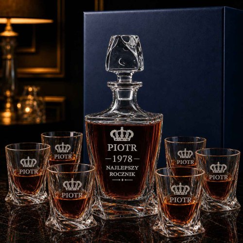 Zestaw do Whisky z Grawerem – Kryształowa Karafka i 6 Szklanek QUADRO