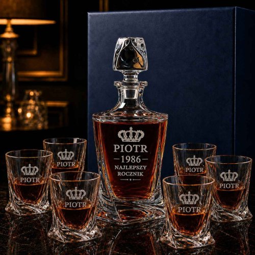 Zestaw do Whisky z Grawerem – Kryształowa Karafka i 6 Szklanek QUADRO