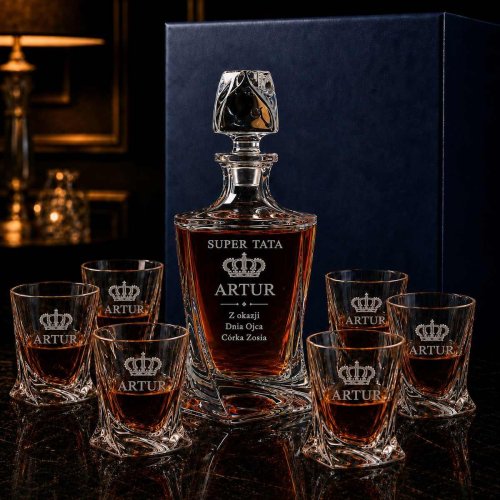 Zestaw do Whisky z Grawerem dla Taty – Kryształowa Karafka i 6 Szklanek QUADRO