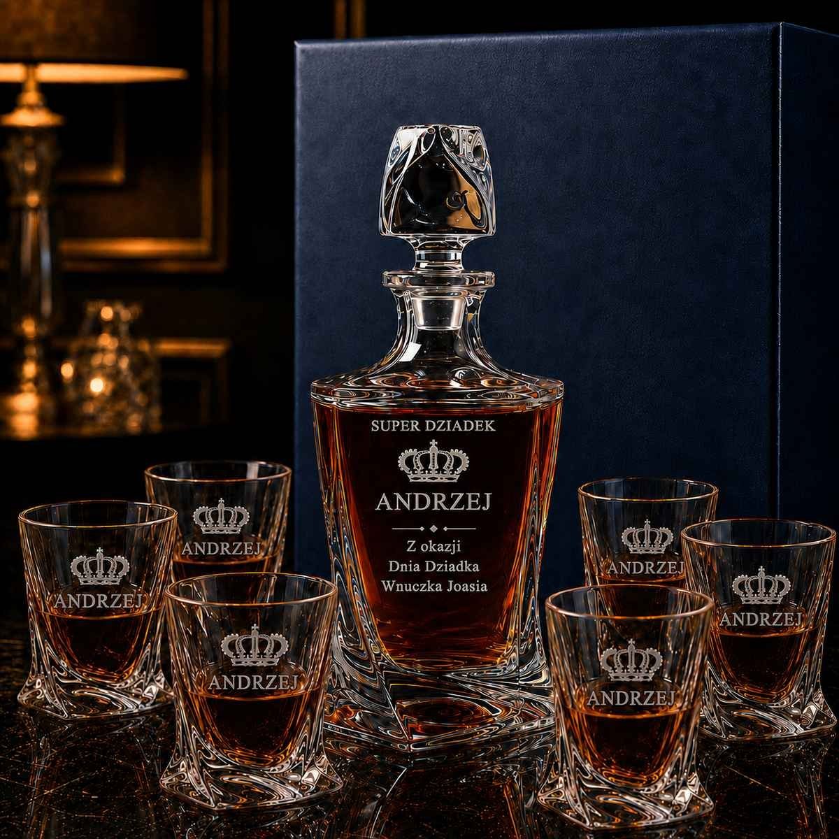 Zestaw do Whisky z Grawerem dla Dziadka – Kryształowa Karafka i 6 Szklanek QUADRO