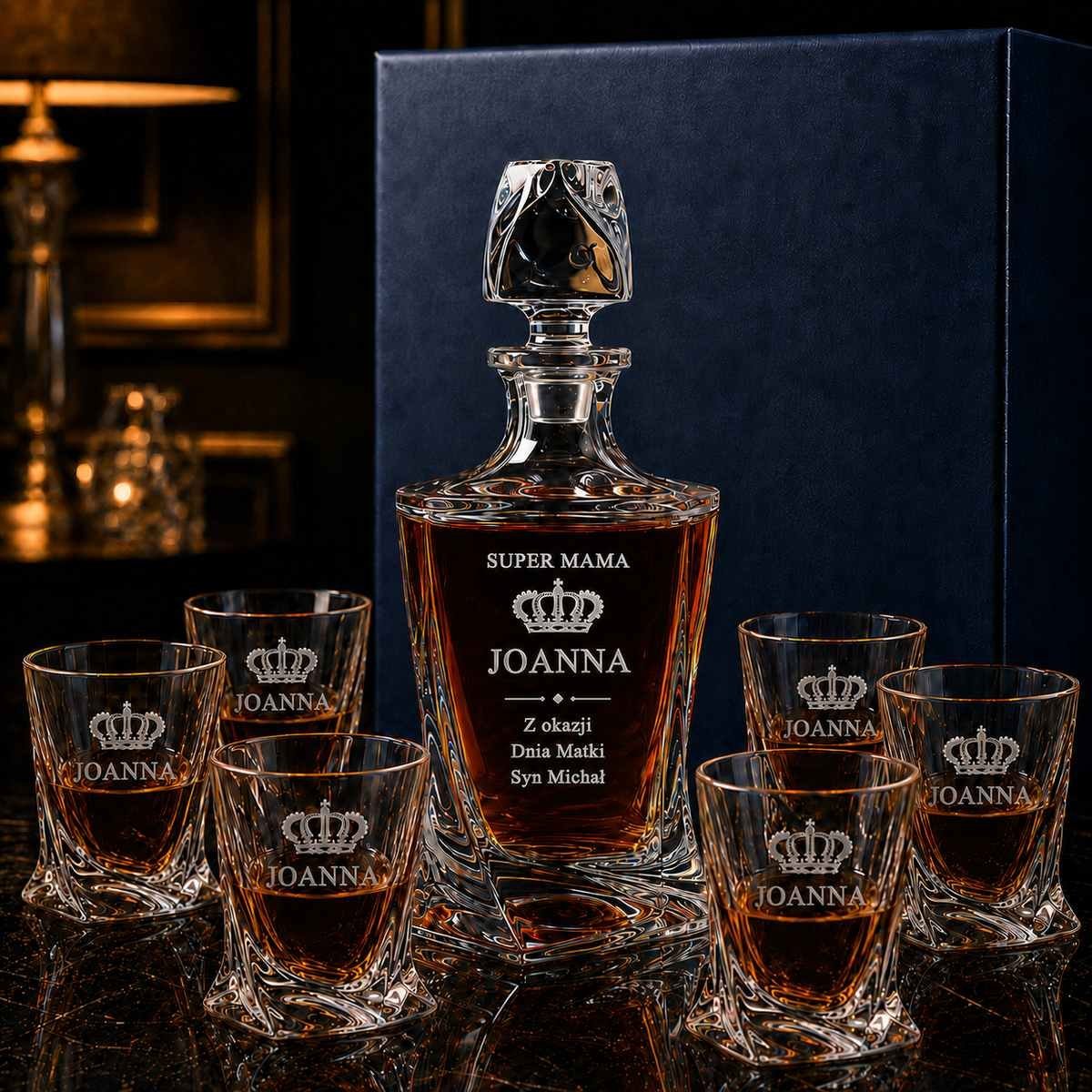 Zestaw do Whisky z Grawerem dla Mamy – Kryształowa Karafka i 6 Szklanek QUADRO