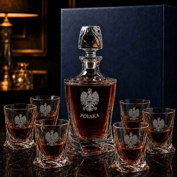 Zestaw do Whisky z Grawerem dla Patrioty – Kryształowa Karafka i 6 Szklanek QUADRO