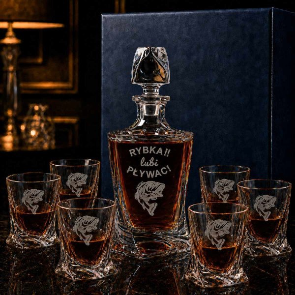Zestaw do Whisky z Grawerem dla Wędkarza – Kryształowa Karafka i 6 Szklanek QUADRO
