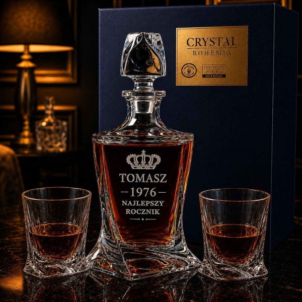 Zestaw do Whisky z Grawerem – Kryształowa Karafka i 2 Szklanki QUADRO