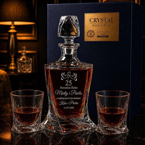 Kryształowy Zestaw do Whisky z Grawerem – Karafka i 2 Szklanki QUADRO