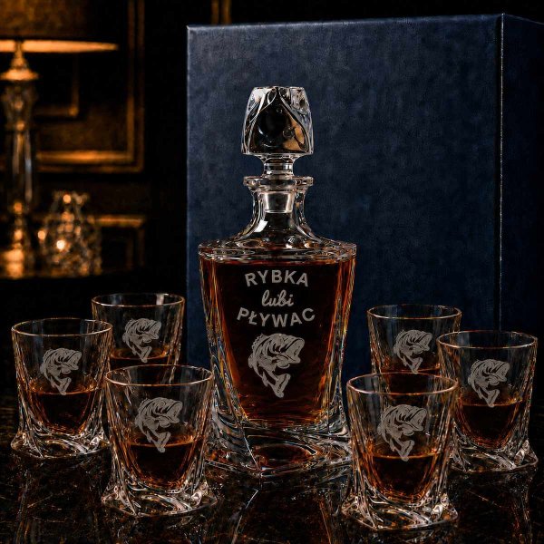 Zestaw do Whisky z Grawerem dla Wędkarza – Kryształowa Karafka i 6 Szklanek QUADRO