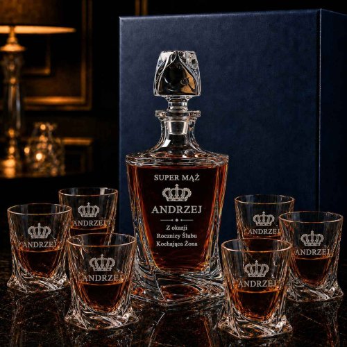 Zestaw do Whisky z Grawerem dla Męża – Kryształowa Karafka i 6 Szklanek QUADRO