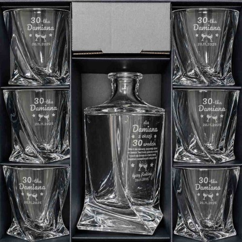 Zestaw do Whisky z Grawerem QUADRO – Kryształowa Karafka i 6 Szklanek w pudełku prezentowym