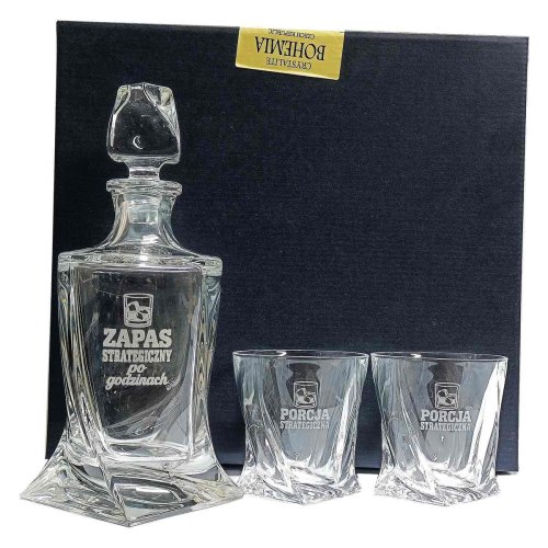Kryształowy Zestaw do Whisky z Grawerem i Humorem – Karafka i 2 Szklanki QUADRO